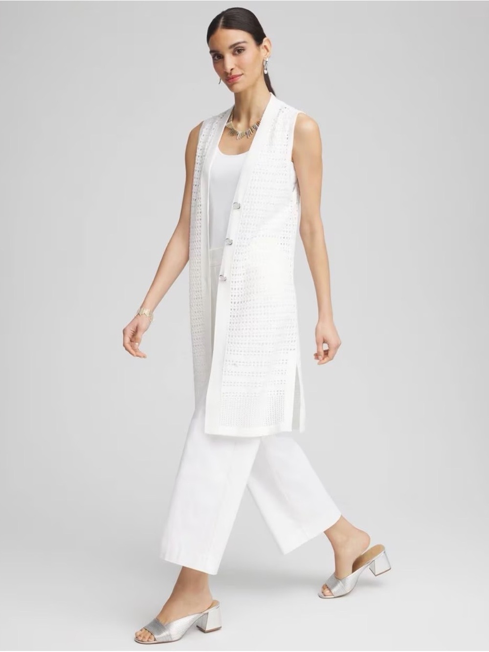 Chicos Pointelle Sleeveless Midi Sweater Vest Alabaster Size 2 (L) NWT